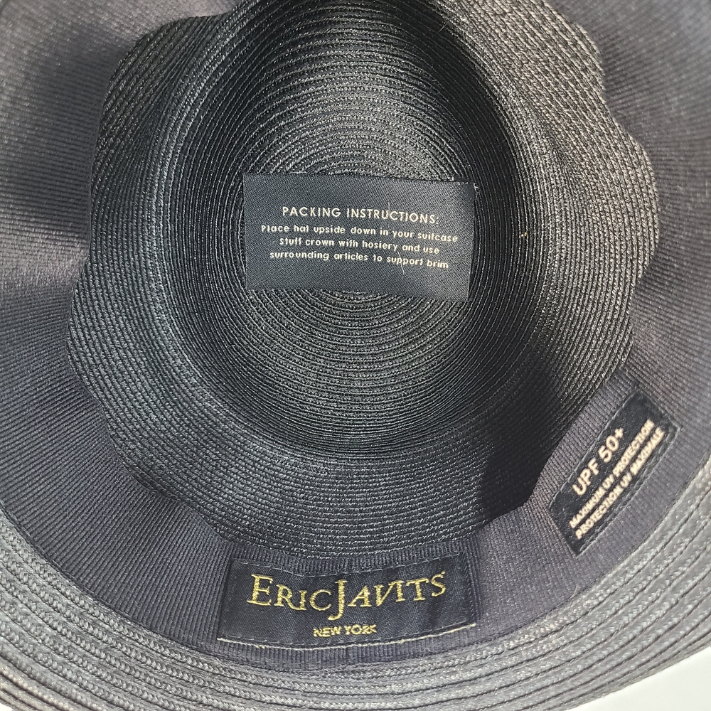 Eric Javits Black Straw Fedora Style SPF Sun Hat Neutral Colors Small - Picture 4 of 7